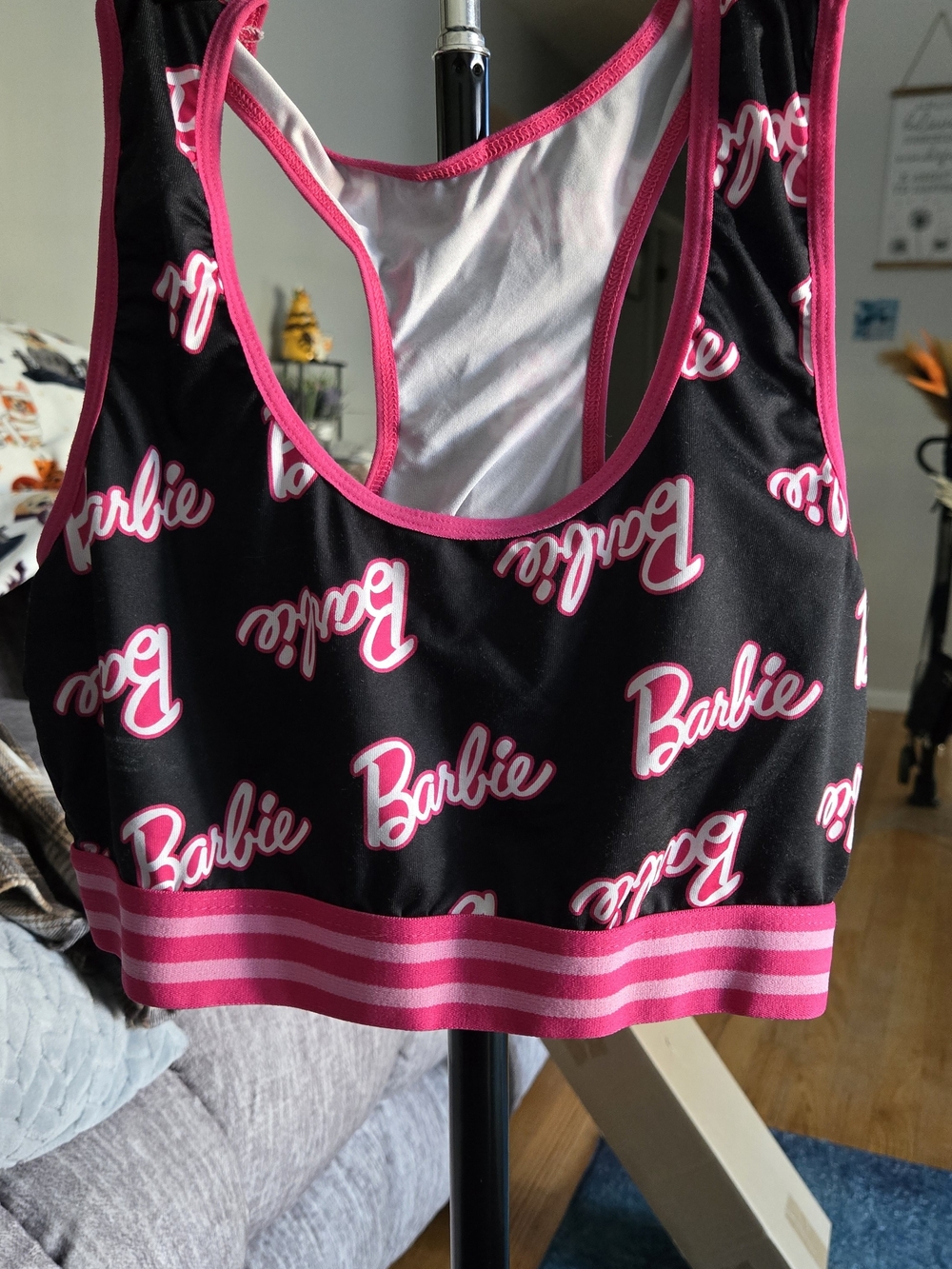 Barbie Black Sports Bra with Hot Pink Logo & Striped Band